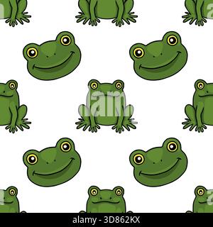 Un affascinante e stravagante motivo vettoriale senza cuciture con allegri rane verdi con grandi occhi gialli e volti sorridenti, adagiati su un dorso bianco pulito Illustrazione Vettoriale