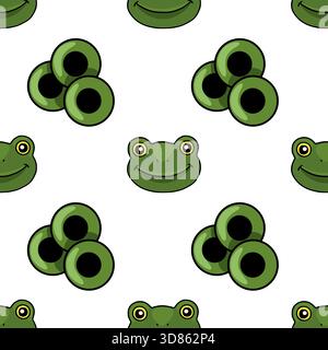 Divertente motivo vettoriale senza cuciture con volti di rana stilizzati ed elementi di giglio su sfondo bianco, perfetto per design stravaganti. Illustrazione Vettoriale