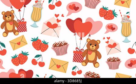 Colorato motivo senza cuciture con elementi di buon San Valentino come frullato, orsacchiotto, scatola regalo con palloncini a cuore, cupcake al cioccolato, fragola Illustrazione Vettoriale