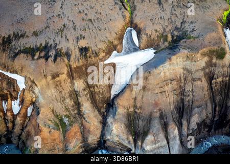 Vista aerea di tonalità di terra ruvide e strutturate che incontrano le aspre macchie di neve bianche sulle montagne di Kerlingarfjöll, creando un drammatico contrasto di colore e Foto Stock