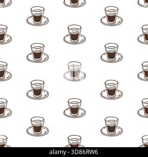 Motivo senza cuciture con bicchieri da espresso disegnati a mano su sfondo bianco. Stampa stile caffè con contorno vettoriale. Illustrazione Vettoriale