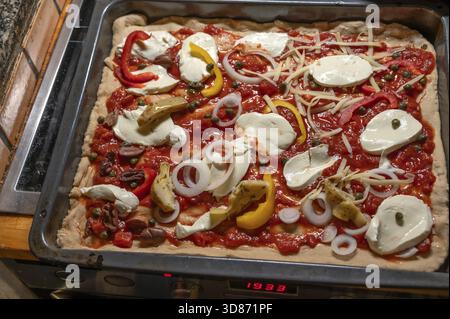 Pizza fatta in casa condita con gorgonzola e pomodori, olive e peperoni su un vassoio da forno davanti alla cottura, Othenstorf, Meclemburgo-Pomerania occidentale Foto Stock