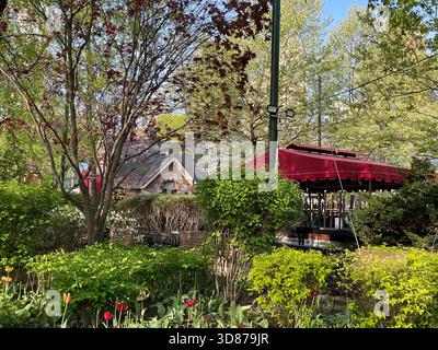 La primavera fiorisce incorniciando la Tavern on the Green Foto Stock