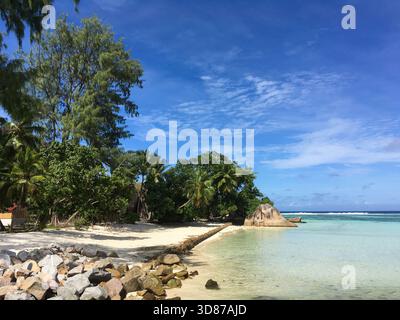 Splendida spiaggia tropicale caratterizzata da sabbia bianca, acqua di mare turchese e formazioni rocciose naturali. Le palme sono appese sul litorale Foto Stock