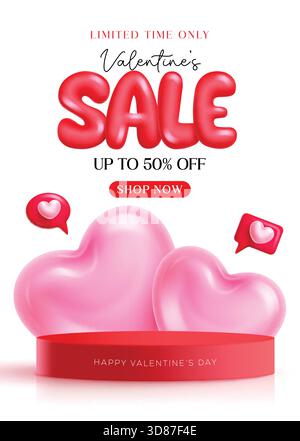 Design del poster del podio di San Valentino. Offerta speciale di San Valentino sconto per lo shopping in clip art da podio rossa con sfondo a cuore rosa Illustrazione Vettoriale