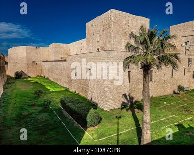 Vista panoramica del castello normanno di Trani in Puglia con fossato, torri e palme Foto Stock
