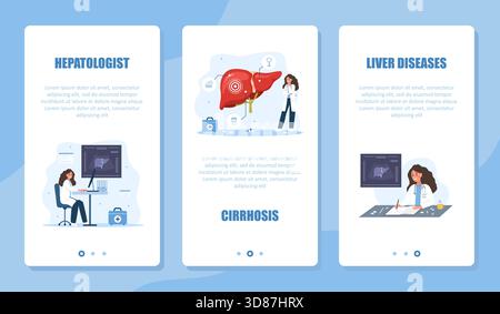 Set banner Hepatology. Malattia epatica impostata. Visita medica e terapia da parte dell'epatologo per diagnosi e prevenzione. Progettazione vettoriale Illustrazione Vettoriale