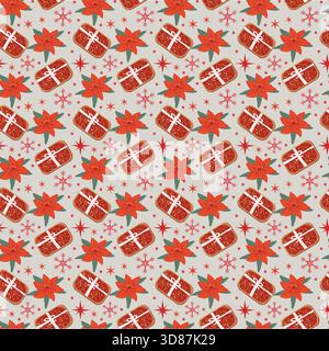 Motivo natalizio rosso senza cuciture con biscotti regalo e fiori invernali. Illustrazione piatta del vettore del cartone animato. Schema natalizio con amaryllis. Gif di Natale Illustrazione Vettoriale