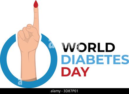 Simbolo globale della consapevolezza del diabete. Immagine vettoriale piatta di una mano con una goccia di sangue all'interno del logo del cerchio blu. Design minimalista per novembre Illustrazione Vettoriale