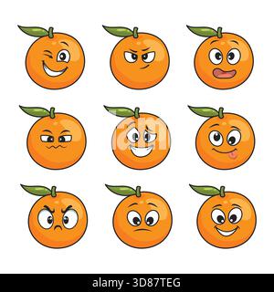 Simpatici personaggi di frutta d'arancia con varie espressioni facciali ed emozioni su un layout giocoso Foto Stock