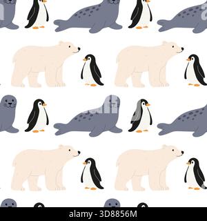 Questo design mostra un giocoso schema di animali polari, tra cui foche, pinguini e orsi polari, il tutto su uno sfondo bianco. Illustrazione Vettoriale