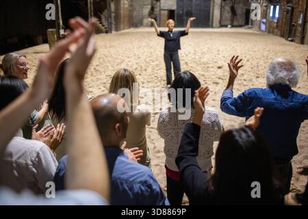 Vista posteriore ad angolo elevato degli spettatori di sesso maschile e femminile, che dà ovazione all'artista dopo aver giocato a teatro Foto Stock