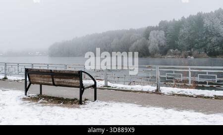Un tranquillo scenario invernale caratterizzato da una panchina di legno su un sentiero innevato sul lago. . Illustrazione di alta qualità Foto Stock