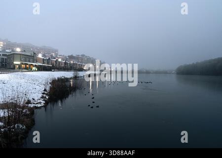 Moody vista invernale di un lago in una serata nebbiosa in Ucraina. La neve copre il litorale e le luci della città si riflettono sull'acqua calma mentre le anatre nuotano Foto Stock