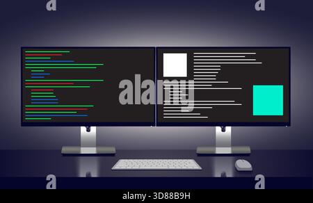 Uno spazio di lavoro moderno con due monitor per computer. Una visualizza linee di codice colorato, l'altra mostra un grafico di dati in rosso e verde. Ideale per temi tecnologici o di codifica. Illustrazione vettoriale Illustrazione Vettoriale