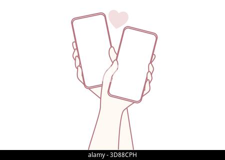 due mani che tengono i telefoni con il simbolo del cuore. tenera connessione mobile, stile line-art minimalista, tavolozza color pastello, atmosfera moderna di incontri, coppia che condivide messaggi ed emoji, ideale Illustrazione Vettoriale