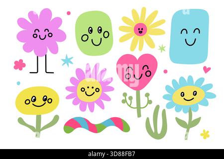Un'illustrazione energica e vivace che mostra fiori allegri e personaggi giocosi in una varietà di colori Illustrazione Vettoriale