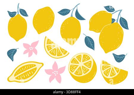 Si tratta di una vivace collezione di colorate grafiche al limone, ideali per tutti i tuoi progetti di design estivi Illustrazione Vettoriale