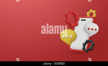 Smartphone 3D con bolle e ingranaggi per chat. Un concetto per l'assistenza clienti, i servizi chatbot e l'assistenza tecnica. Illustrazione Vettoriale