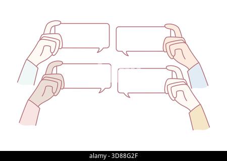 mani multiple con bolle vuote che rappresentano la conversazione e il feedback, varie posizioni delle mani Illustrazione Vettoriale