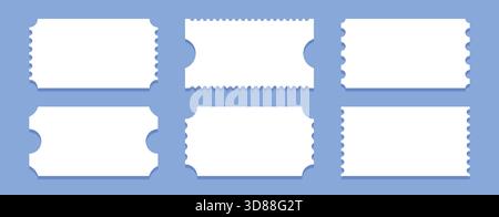 L'immagine presenta più modelli di ticket vuoti visualizzati in varie forme e dimensioni su uno sfondo blu. Questi design versatili possono essere utilizzati Illustrazione Vettoriale