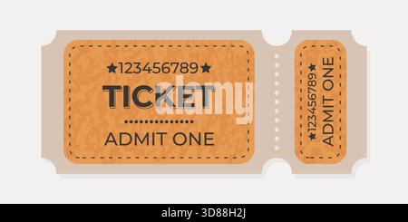 Biglietteria retrò con colori arancione e beige con bordi perforati. Utile per qualsiasi festival, festa, cinema, evento, spettacolo di intrattenimento Illustrazione Vettoriale