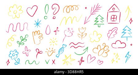 I doodle luminosi e giocosi mostrano una varietà di disegni stravaganti, tra cui fiori, alberi, nuvole e forme astratte. Questi schizzi colorati inv Illustrazione Vettoriale