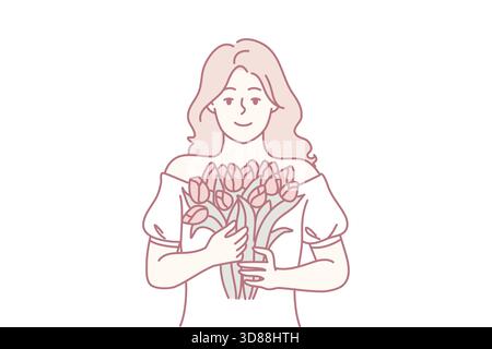 donna con bouquet di tulipani donna gioiosa e gioiosa che tiene in mano tulipani vibranti in un affascinante ambiente di negozi, donna sorridente che presenta una disposizione colorata di tulipani in una deliziosa scena di negozi floreali Illustrazione Vettoriale