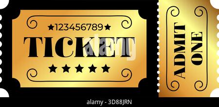 Design del modello di biglietto Golden. Adatto per festival, cinema, teatro, concerti, casinò, circo, biglietti per eventi illustrazione vettoriale Illustrazione Vettoriale
