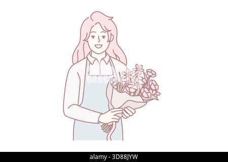 Ritratto di fiorista femminile sorridente in grembiule con bel bouquet floreale. Donna felice con fiori in mano che lavora in negozio botanico. Illustrazione vettoriale. Illustrazione Vettoriale