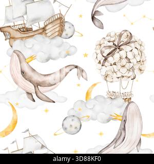 Motivo acquerello senza cuciture con balene con corone dorate, navi di legno su nuvole, palloncini floreali ortensie, morbide lune gialle e pianeti. PE Foto Stock