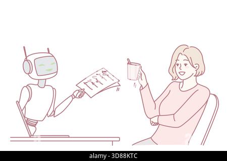 Donna sorridente che parla con assistente virtuale sul computer. La ragazza ha conversazione con il bot digitale sul notebook. Nuove tecnologie e comunicazione. Illustrazione vettoriale. Illustrazione Vettoriale