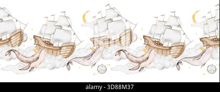 Motivo acquerello senza cuciture con balene con corone dorate, navi di legno su nuvole, palloncini floreali ortensie, morbide lune gialle e pianeti. PE Foto Stock