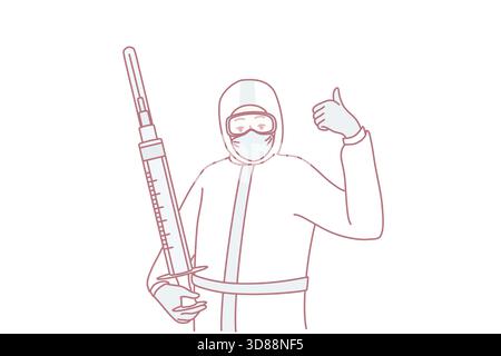 Medico sicuro nell'uniforme protettiva che tiene l'iniezione mostrando il pollice verso l'alto. Buon operatore medico con siringa pronta per la vaccinazione delle persone. Medicina, sanità. Illustrazione vettoriale. Illustrazione Vettoriale