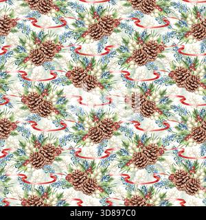 Coni di pino acquerello con nastri rossi e frutti di bosco colorati motivo natalizio senza cuciture. Illustrazione disegnata a mano piantagioni invernali per pacchetti vacanza Foto Stock