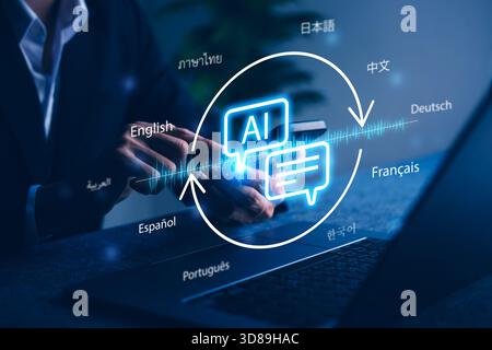 INTELLIGENZA ARTIFICIALE, concetto di traduzione linguistica di intelligenza artificiale, che mostra il supporto multilingue con chatbot di intelligenza artificiale e interfaccia smartphone per comunicazioni in tempo reale Foto Stock