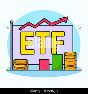 Il segno ETF illustrato con monete, grafici e grafici verso l'alto simboleggia la crescita finanziaria e la strategia di investimento. Foto Stock