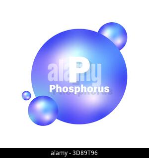 Icona elemento fosforo. Simbolo P chimico. Vettore sfera blu. Pallina nutriente minerale. EPS 10. Illustrazione Vettoriale