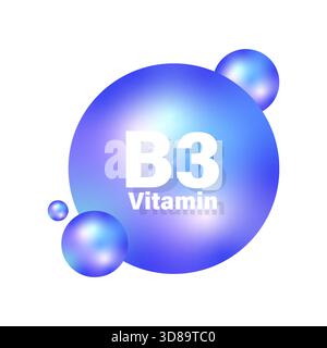 Icona della vitamina B3. Sfera blu. Supplemento niacina Vector. Design lucido delle pillole. EPS 10. Illustrazione Vettoriale