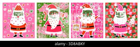 Carino set di illustrazioni vettoriali con disegni di Babbo Natale Kitty, biglietti di auguri per collage natalizi, poster mezzitoni Illustrazione Vettoriale