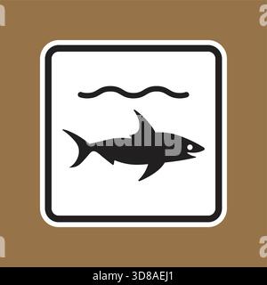 Questa grafica presenta un'icona di squalo su sfondo marrone, perfetta per la segnaletica di sicurezza marina e temi relativi all'oceano, sottolineando la conservazione della fauna selvatica Illustrazione Vettoriale