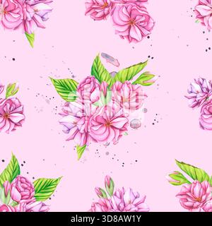 Motivo fiori senza cuciture su sfondo bianco. Acquerello fondo botanico di fiori di ciliegio. Pattern con fiori Sakura. Sfondo di Foto Stock