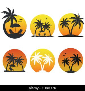 Set di icone con silhouette di palme e sdraio su sfondo bianco. Illustrazione Vettoriale