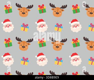 Fantasia natalizia senza cuciture. Renne, Babbo Natale e regali. Sfondo bianco isolato. Illustrazione vettoriale. Illustrazione Vettoriale
