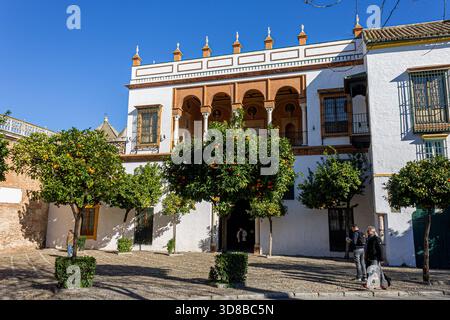 Siviglia, Spagna. L'ingresso principale del palazzo Casa de Pilatos, mostra la sua porta ornata e la facciata che riflette la sua miscela di rinascimento, Mudejar e. Foto Stock