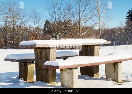 Tavolo da picnic coperto di neve con panchine in un paesaggio invernale, circondato da un ambiente sereno e innevato. Foto Stock
