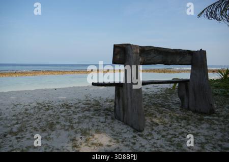 Fuga in paradiso: Panca di legno su spiaggia incontaminata che si affaccia sulle acque turchesi dell'oceano, perfetta per una fuga tranquilla Foto Stock