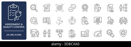 Set di icone di valutazione e linea di controllo qualità con tratto modificabile. Raccolta dei simboli di audit, valutazione, conformità, ispezione, gestione dei rischi Illustrazione Vettoriale