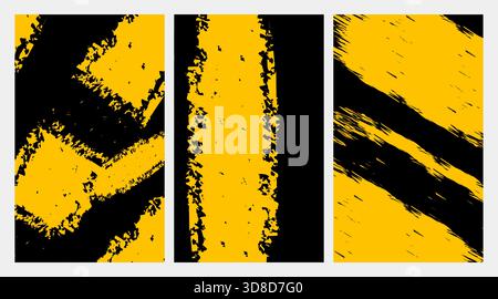 Set di tre sfondi grunge astratti neri e gialli con disegno vettoriale dei tratti di pennello Illustrazione Vettoriale