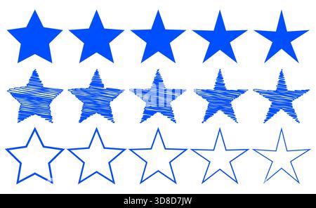 Collezione di cinque stelle blu a punta vettoriali con contorno pieno per il simbolo del premio di valutazione Illustrazione Vettoriale